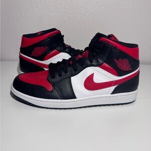 Nike Air Jordan 1 Mid-Top Sneakers in Black, Red & White